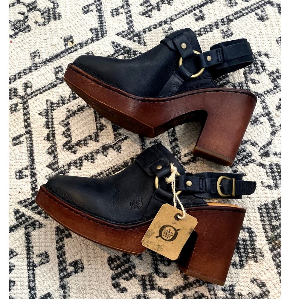Börn Black Leather Buckle Harness Clogs Wooden Platform Mule Heels Size 8M NWT - Picture 6 of 7